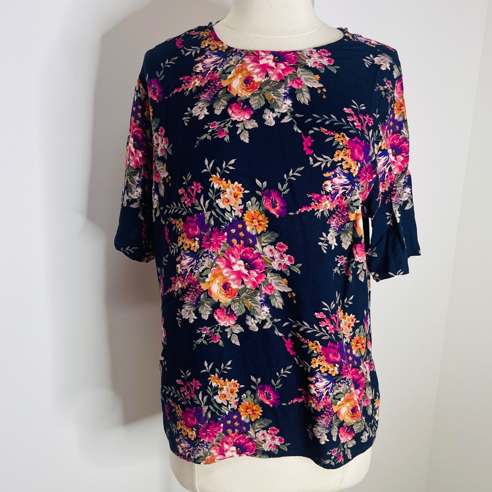 Kensington Square Vintage Floral Split Back Blouse Navy Pink Orange Large USA